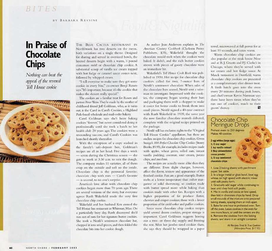 Carol's Cookies featured in North Shore Magazine, In Praise of Chocolate Chips article