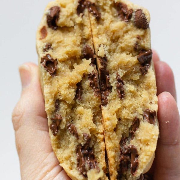Closeup of our delicious gooey giant chocolate chip cookie.