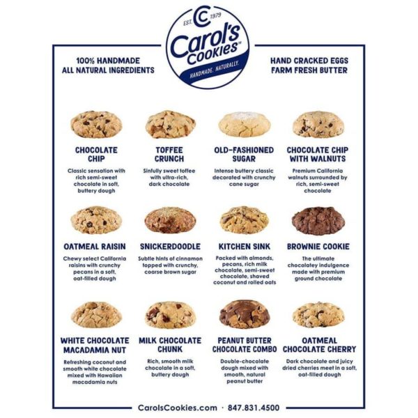 A menu of Carol's Cookies' various gourmet cookie flavors, highlighting 100% handmade, all-natural ingredients.