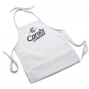 A white apron with the Carol's Cookies logo.