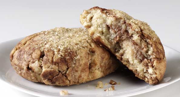 A pair of handmade gourmet snickerdoodle cookies, with a sugary crust, resting on a plate.