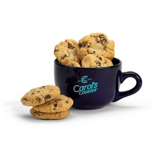 A mug with Carol's Cookies logo, overflowing with mini handmade gourmet cookies.