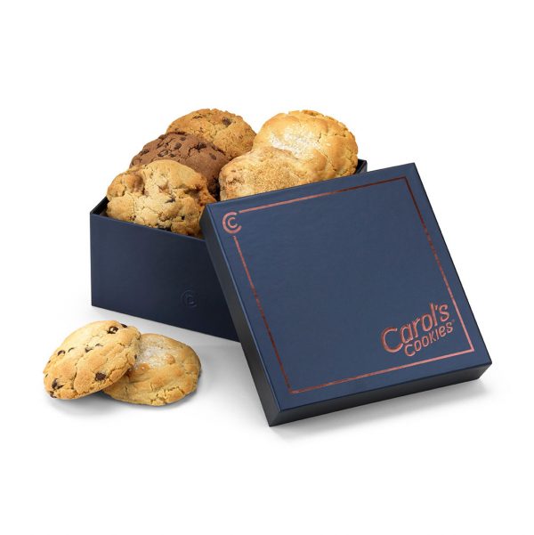 An assortment of Gourmet handmade cookies laid out in a branded Carol's Cookies Large gift box, ideal for any occasion.
