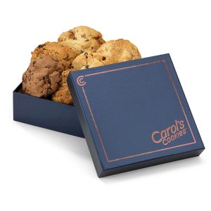 An assortment of Gourmet handmade cookies laid out in a branded Carol's Cookies small gift box, ideal for any occasion.