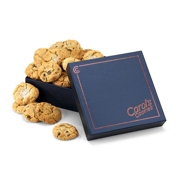 An assortment of Carol’s Minis cookies laid out in a branded Carol's Cookies gift box, ideal for any occasion.